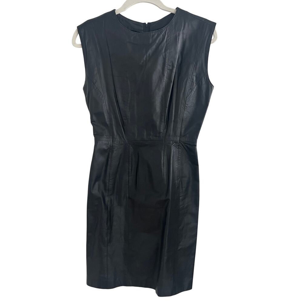 Vintage 80s 90s Ambria Leather Sleeveless Dress Black Shift Mini Size 2 Petite